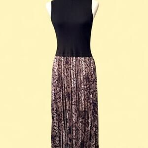 Leopard Print Pleated Midi Dress with Black Knit Top